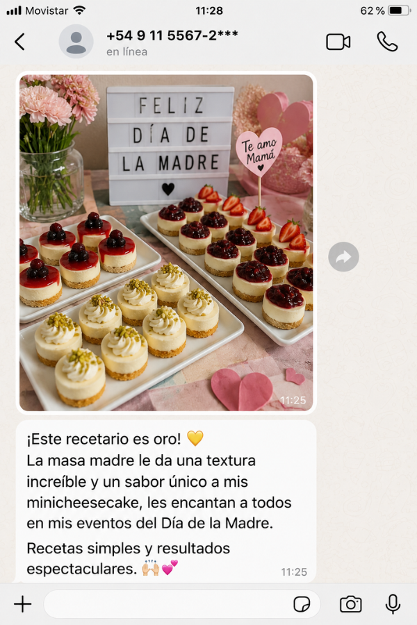 Testimonio 2 por WhatsApp sobre el recetario de minipostres con masa madre