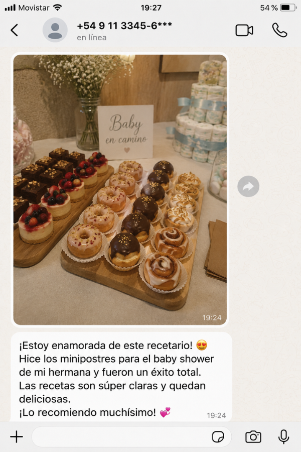 Testimonio 4 por WhatsApp sobre el recetario de minipostres con masa madre