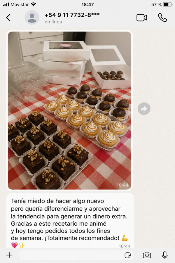 Testimonio 1 por WhatsApp sobre el recetario de minipostres con masa madre
