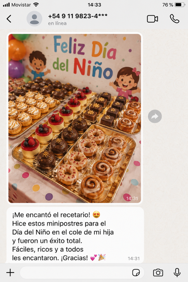 Testimonio 3 por WhatsApp sobre el recetario de minipostres con masa madre