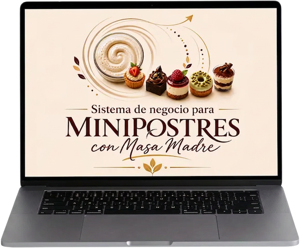 Sistema de negocio para minipostres con masa madre mostrado en laptop